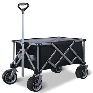 GUGEGUGE Collapsible Folding Wagon Cart with All-Terrain Big Wheels Brakes, Large Carrying Capacity Cart, Adjustable Handle Sturdy Portable Foldable Wagon(Black with Gray)