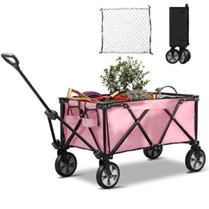 Joyside Collapsible Folding Wagon Cart Foldable Heavy Duty Collapsible Utility Wagon Cart with Wheels for Outdoor Camping, Adjustable Handle Foldable Wagon, Storage Bag and Net Included, Pink Wagon