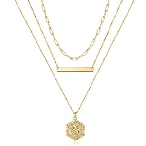 Gold Layered Initial Necklaces for Women, Handmade 14K Gold Plated Cute Bar Necklace Layering Bead Chain Hexagon Letter S Pendant Initial Necklace Layered Necklaces for Women Gold Jewelry Gifts (S)