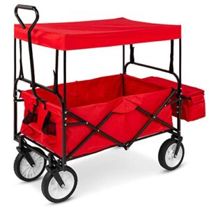 Best Choice Products Collapsible Folding Outdoor Utility Wagon with Canopy Garden Cart for Beach, Picnic, Camping, Tailgates w/Removable Canopy, Detachable Pockets, 150lb Weight Capacity – Red