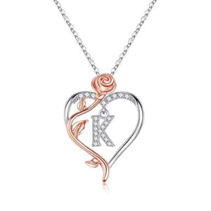 Rose Heart Initial Necklaces for Women, Dainty Love Letter Pendant Initial K Necklace Jewelry Birthday Anniversary New Mom Gifts Necklace for Girlfriend Women Wife Grandma Romantic Gifts for Her Pregnant Women