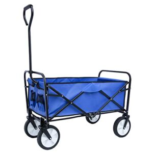 Collapsible Outdoor Utility Wagon Folding Garden Shopping Beach Cart with Adjustable Handles and Cup Holders for Shopping and Park Picnic, Beach Trip, Outdoor Activities, Camping (Blue)