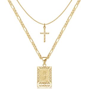 KELORIS PATH Gold Layered Initial Cross Necklace, 14K Gold Plated Layering Square Letter Pendant Figaro Chain Cross Choker from A-Z Capital Jewelry for Women GirlsChain Necklace(Letter J)