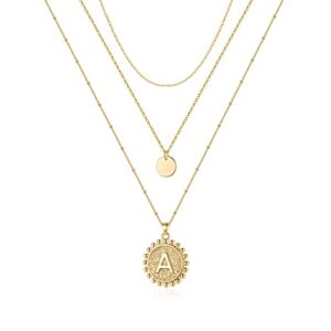 Layered Necklaces for Women, 14K Gold Plated Dainty Layering Disc Choker Necklace Handmade Letter Pendant Coin Initial Necklaces for Women Layered Gold Necklaces for Women Gold Jewelry for Women (A)