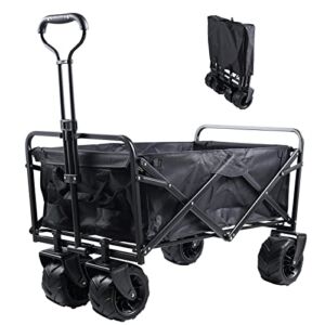 Folding Beach Wagon Cart for Grocery,Collapsible Enlarged Capacity Portable Utility Garden Cart for Outdoor Sand Camping, Heavy Duty Wagon with Big Wheels & Adjustable Handle