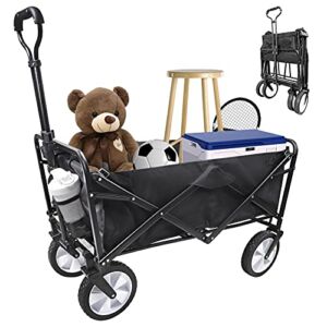 Heavy Duty Folding Collapsible Outdoor Utility Wagon Cart with All Terrain Beach Wheels Adjustable Large Capacity Rolling Cart for Beach Camping Shopping Sports Portable (Common Wheel, Black)