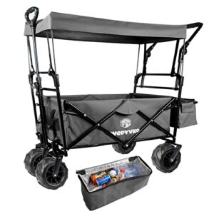 AESRAOU Collapsible Folding Wagon with Removable Canopy Heavy Duty Foldable Wagon Utility Cart Weight Capacity 330lbs Beach Wagon Car for Garden, Camping, Grocery Cart (Grey)