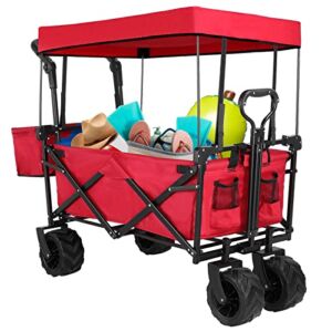 AthLike Collapsible Wagon Folding Garden Cart w/Removable Canopy, Extra Large Heavy Duty Portable Camping Beach Utilit Cart w/Adjustable Push Pull Handle, 7″ Wide All-Terrain Wheel for Shopping Picnic