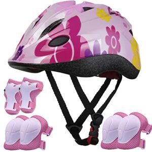 Lamsion Kids Helmet Adjustable with Sports Protective Gear Set Knee Elbow Wrist Pads for Toddler Ages 4 to 10 Years Old Boys Girls Cycling Skating Scooter Helmet – (Pink Sun Flower)
