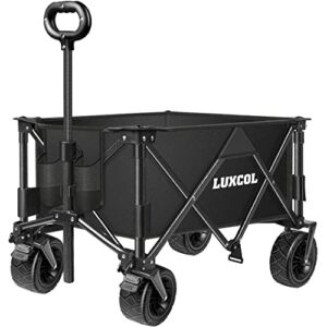 LUXCOL Collapsible Folding Wagon, Heavy Duty Utility Beach Wagon Cart for Sand with Big Wheels, Adjustable Handle&Drink Holders for Shopping, Camping,Garden and Outdoor(Dark Black)