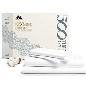 500 Thread Count 100% Cotton Sheet White Queen Sheets Set, 4-Piece Long-Staple Combed Pure Cotton Best Sheets for Bed, Breathable, Soft & Silky Sateen Weave Fits Mattress Upto 18” Deep Pocket