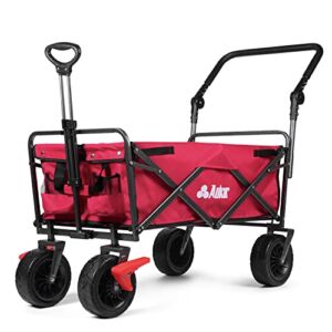 AUKAR Collapsible Wagon Carts (Red)- Heavy Duty Outdoor Foldable Garden Cart – with Push Handles,Big Wheels for Sand, Picnic, Camping, Sports