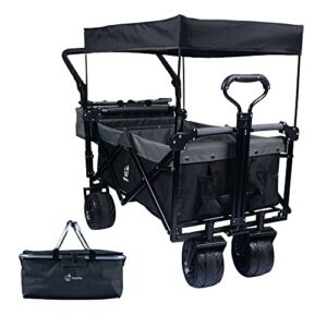 Collapsible Wagon Heavy Duty Folding Wagon Cart with Removable Canopy, 4″ Wide Large All Terrain Wheels, Brake, Adjustable Handles,Cooler Bag Utility Carts for Outdoor Garden Wagons Carts Beach Cart