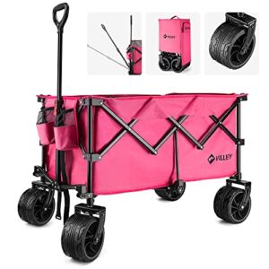 VILLEY Collapsible Wagon with Big Wheels, Enlarged 225lbs Load Capacity Beach Wagon, Heavy Duty Folding Wagon Cart with 2 Cup Holders, Portable Utility Foldable Garden Cart for Outdoor, Camping, Pink