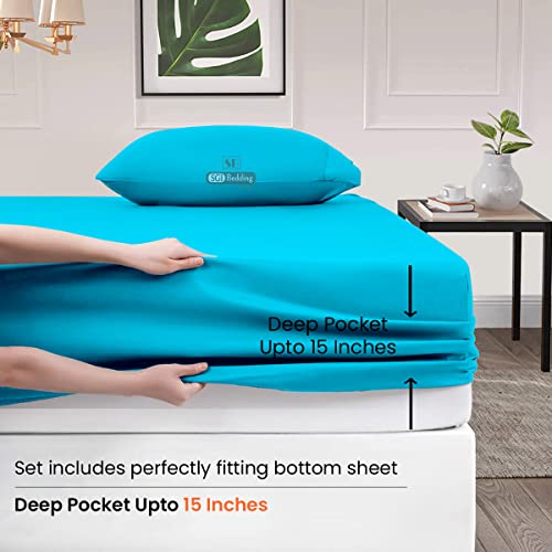 SGI 100% Egyptian Cotton 600 TC Sheet Set Soft & Smooth Sateen Weave 4 Pc Sheet Set – 1 Fitted Sheet, 1 Flat Sheet & 2 Pillowcase 15 inch Deep Pocket (Queen, Turquoise Blue Solid) | The Storepaperoomates Retail Market - Fast Affordable Shopping