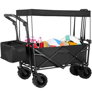 BESTDOOR Collapsible Folding Wagon Cart w/Removable Canopy, Heavy Duty Push& Pull Utility Cargo Cartw/Rear Storage&7’’ All-Terrain Wheel,2 Cup Holder,Adjustable Handle, for kids&adults, Shopping,Beach