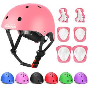 KAMUGO Kids Adjustable Helmet, with Sports Protective Gear Set Knee Elbow Wrist Pads for Toddler Age 3-8 Boys Girls, Bike Skateboard Hoverboard Scooter Rollerblading Helmet Set (Pink)