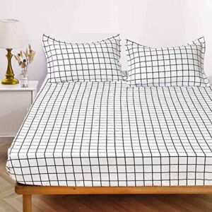 Nanko Queen Fitted Sheet, White Grid Plaid Printed Print 80×60 Deep Pocket Mattress Only Luxury Cool Soft Lightweight Microfiber Geometric Bedding Set 2 Pillowcases 11 12 14 inch
