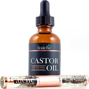 Castor Oil (4oz) + BONUS Filled Mascara Eyeliner Tube USDA Certified Organic, 100% Pure, Cold Pressed, Hexane Free by Live Fraiche. Stimulate Growth for Eyelashes, Eyebrows, Hair. Lash Growth Serum. Brow Treatment