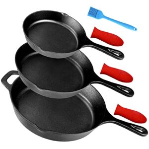 Pre-Seasoned Cast Iron Skillet Set of 3 | 6″, 8″ & 10″ Cast Iron Frying Pans with 3 Heat-Resistant Holders & Oil Brush – Indoor and Outdoor Use – Oven Grill Stovetop Induction Safe Cookware