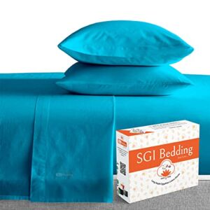 SGI Egyptian Cotton 600 TC Sheet Set Soft & Smooth Sateen Weave 4 Pc Sheet Set – 1 Fitted Sheet, 1 Flat Sheet & 2 Pillowcase 18 inch Deep Pocket (Olympic/Queen, Turquoise Blue Solid)