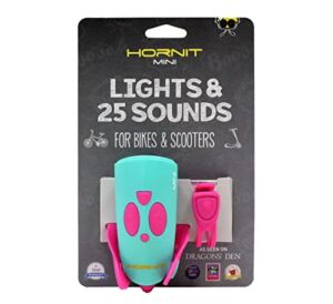 Hornit Mini, Bike & Scooter Horn and Safety Light for Children and Kids, 25 Sound Effects, 6 Light Modes: White Safety Light and Funky Green Light, Pink/Turquoise
