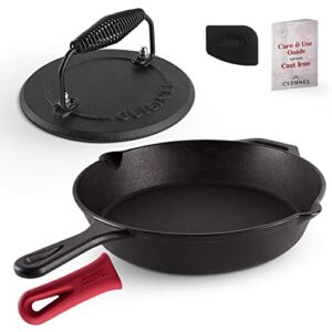Cast Iron Skillet + Grill Press + Scraper Set – 12″-inch Pre-Seasoned Frying Pan + Silicone Handle Grip – 7″ Round Burger Smasher – Indoor/Outdoor, Stove, Oven, Grill, Induction Safe Kitchen Cookware