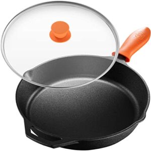 Legend Cookware Cast Iron Skillet with Lid | Large 10” Frying Pan with Glass Lid & Silicone Handle | Induction, Cooking, Sautéing & Grilling | Lightly Pre-Seasoned Cookware Gets Better with Use