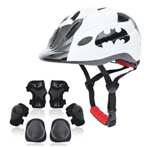 Atphfety Kids Helmet Set,Toddler Helmet for Boys Girls Age 5-8 with Knee Elbow Pads Wrist Guards for Bike Skating Skateboard Cycling Scooter Rollerblading (S:50 cm – 54cm/19.7-21.2 inch, Bat-White)
