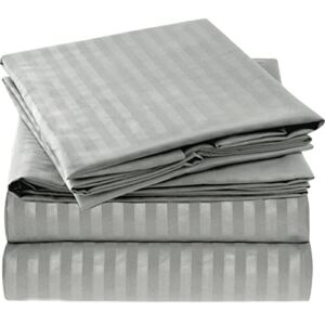 Striped – Gray / Silver/Queen 20 inches 4 pcs Sheet Set 1 Flat 1 Fitted 2 Pillowcases 300 TC 100% Egyptian Cotton