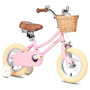 Petimini 12 Inch Kids Girls Bike for 2 3 4 Years Old Little Girls Retro Vintage Style Bicycles with Training Wheels and Bell,Pink