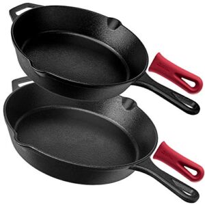 Cast Iron Skillets – Pre-Seasoned 2-Piece Pan Set: 10″ + 12″-Inch + 2 Heat-Resistant Silicone Handle Covers – Dual Handle Helpers – Oven Safe Cookware – Indoor/Outdoor, Grill, Stovetop, Induction Safe