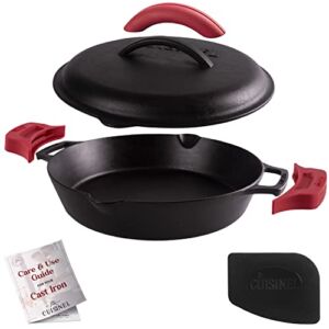 Cast Iron Skillet with Cast Iron Lid – 12″-Inch Dual Handle Frying Pan + Pan Scraper + Silicone Handle Holder Covers – Pre-Seasoned Oven Safe Cookware – Indoor/Outdoor, Grill, Stovetop, Induction Safe