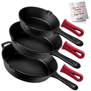 Cast Iron Skillet Set – 3-Piece: 6″ + 8″ + 10″-Inch Chef Frying Pans – Pre-Seasoned Oven Safe Cookware + 3 Heat-Resistant Handle Cover Grips – Indoor/Outdoor Use – Grill, Stovetop, BBQ, Fire Safe