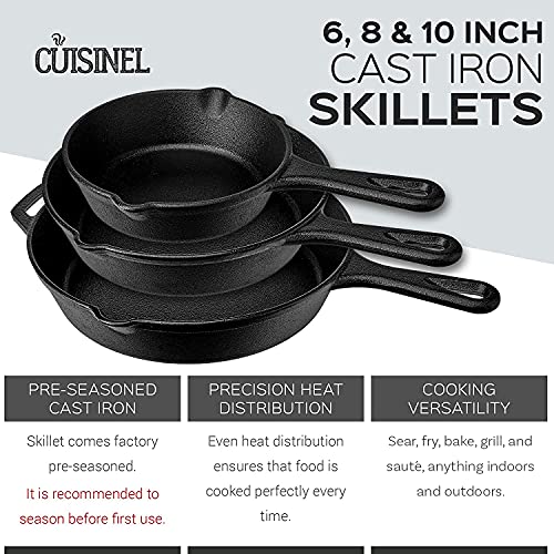 Cast Iron Skillet Set – 3-Piece: 6″ + 8″ + 10″-Inch Chef Frying Pans – Pre-Seasoned Oven Safe Cookware + 3 Heat-Resistant Handle Cover Grips – Indoor/Outdoor Use – Grill, Stovetop, BBQ, Fire Safe | The Storepaperoomates Retail Market - Fast Affordable Shopping