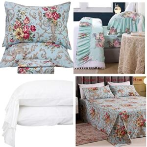 Queen’s House Egyptian Cotton Shabby Peony Printed Bed Sheets and French Country Green Bed Sheet Sets with White Pillowcases Bundle