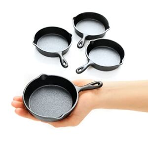 Mini Cast Iron Skillets 4” – 4-Pack of Pre-Seasoned Miniature Skillets – with 4 Small Silicone Trivets and Cast Iron Scraper – by KUHA
