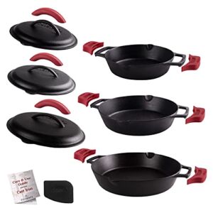 Cast Iron Skillet + Cast Iron Lid Set – 8″+10″+12″ Dual Handle Frying Pans + Pan Scraper + Silicone Handle Holder Covers – Pre-Seasoned Indoor/Outdoor, Grill, Stovetop, Induction, Oven Safe Cookware