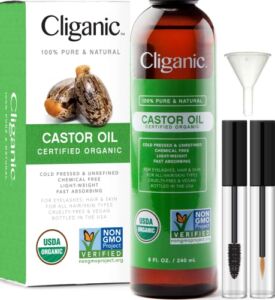 Cliganic USDA Organic Castor Oil, 100% Pure (8oz with Eyelash Kit) – For Eyelashes, Eyebrows, Hair & Skin | Natural Cold Pressed Unrefined Hexane-Free | DIY Carrier Oil 90 Days Warranty