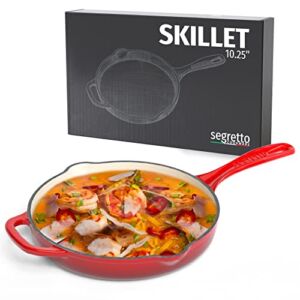 Segretto Cookware Oven Proof Skillet with Handles, Pre-Seasoned Cast Iron Skillets, 10.25-IN Rosso (Gradient Red), Nonstick Cast Iron Skillet for Glass Top Stove, Frying Pan Enameled Cast Iron