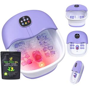 Foot Spa Bath Massager with Heat Bubbles and Vibration Massage and Jets, 16OZ Tea Tree Oil Foot Soak Epsom Salt, CANGO Collapsible Foot Bath Spa Bucket with Infrared Light & Remote Control – Purple