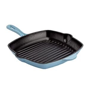 Country Living Enameled Cast Iron Square Griddle Grill Pan with Ridges, Helper Handle and Pouring Spouts for Easy Draining, Indoor Grilling Skillet, 11-Inch, Blue