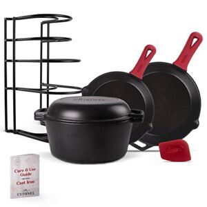 Cast Iron Cookware 5-Pc Set – Pre-Seasoned 10″+12″ Skillet + 5-Quart Double Dutch Oven + Pan Rack Organizer + Silicone Handle Cover Grips + Scraper/Cleaner- Stovetop, Grill, BBQ, Indoor/Outdoor Use