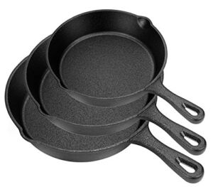 Lawei Set of 3 Cast Iron Skillets – 10″ 8″ 6″ Pre-Seasoned Pan Cookware Set Non-Stick Skillet Frying Pan for Frying Saute Cooking Pizza Eggs Meat and More