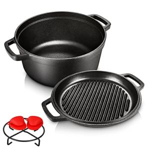Pre-Seasoned Cast Iron 2-In-1 Heavy-Duty 5.5qt Dutch Oven With Skillet Lid Set, Oven,Grill, Stove Top, BBQ and Induction Safe