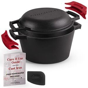Cast Iron Dutch Oven – 3-Quart Deep Pot – Pre-Seasoned 2-in-1 Multi-Cooker – Combo Lid Doubles as 8″-inch Skillet Frying Pan + Silicone Handle Covers + Scraper/Cleaner – Great Set for Baking Bread – Indoor/Outdoor Cookware, Grill, Camping, Kitchen Electri