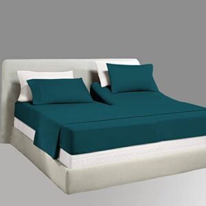 Pure Eco Top Split Queen Sheet Set for Adjustable Beds – 600 Thread Count -100% Egyptian Cotton 4Pcs Bed Sheets, Fits Upto 18” inch Deep Pockets- 39″ Split Down from The Top, Teal Green Color