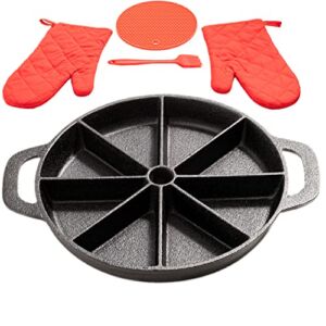 Cast Iron Scone Pan / Cornbread Pan for 8 Wedge Shaped Bakes, Pre-Seasoned – Comes with Oven Mitts, Silicone Trivet and Oil Brush – by KUHA