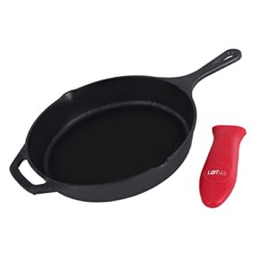 Lot45 Cast Iron Skillet with Silicone Handle Cover – 10in Cooking Round Cookware Frying Pan for Camping with Pot Holder