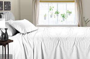 500 Thread Count Sheets Super Soft Egyptian Cotton Queen 4 PCs Bed Sheet Set White Stripe Sateen Weave with Long Staple Fits Up to 15 Inch